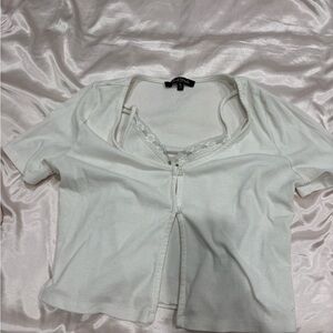 White Ribbed Lace-Trim Short Sleeve Top